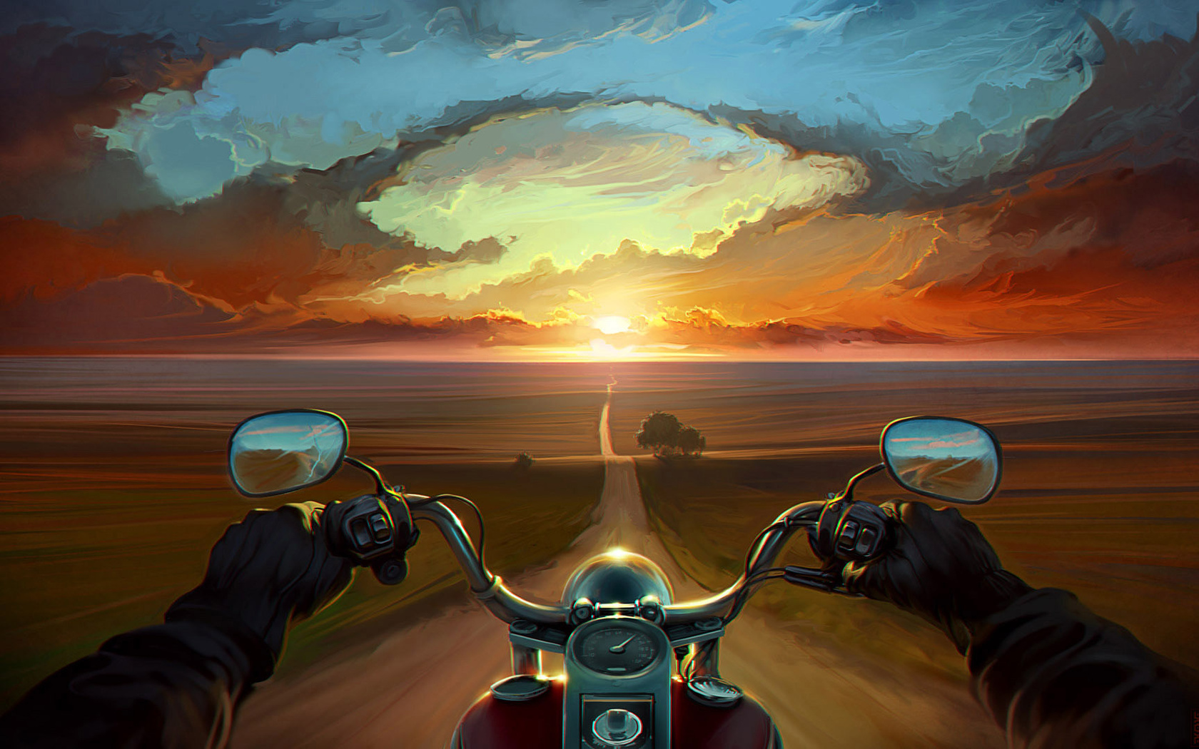 نقاشی موتور سیکلت در غروب آفتاب 